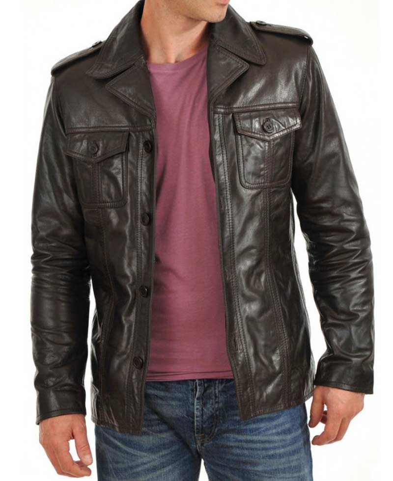 Men's Shirt Collar Button Closure Dark Brown Leather Jacket